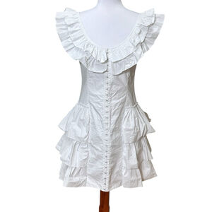 BETSEY Johnson Y2K White Cotton Poplin Ruffled Mini Dress Corset 6 Milkmaid VTG